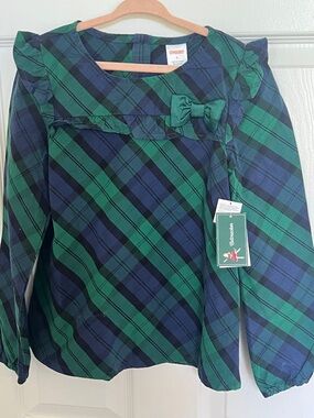 NEW Gymboree Green & Navy Plaid Ruffle Bow Long-Sleeve Blouse - Size 8